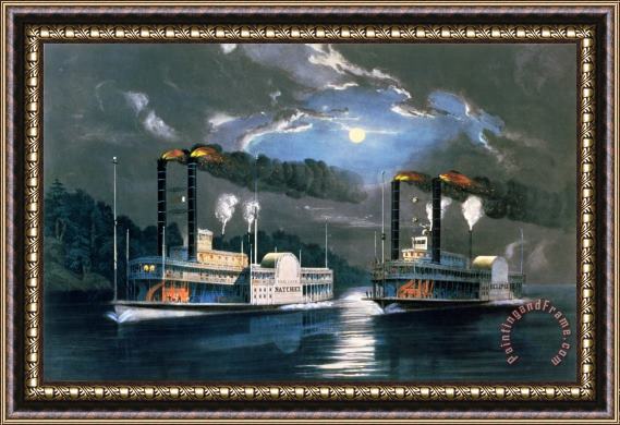 Currier and Ives A Midnight Race on the Mississippi Framed Painting