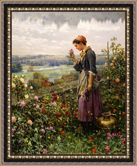 Daniel Ridgway Knight Maiden Picking Flowers Framed Print