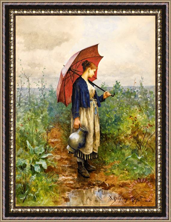 Daniel Ridgway Knight Portrait of a Woman with Umbrella Gathering Water Framed Painting