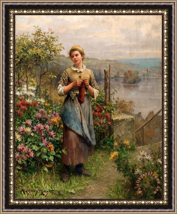Daniel Ridgway Knight Young Woman Knitting Framed Painting