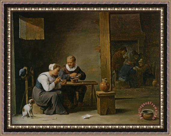 David the younger Teniers A Man And Woman Smoking a Pipe Seated in an Interior with Peasants Playing Cards on a Table Framed Painting
