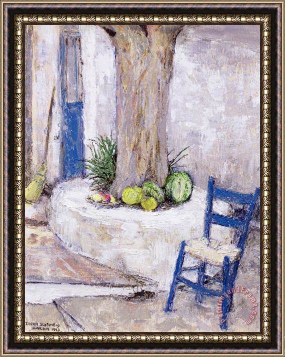 Diana Schofield Blue Chair By The Tree Framed Print