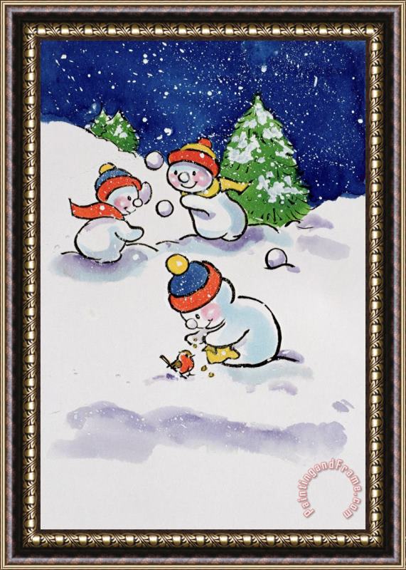 Diane Matthes Little Snowmen Snowballing Framed Print