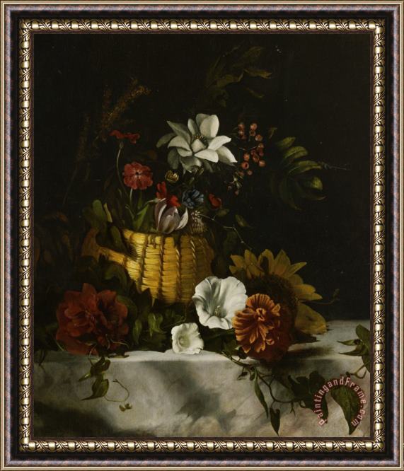 Dirck De Bray Basket of Flowers on a Marble Ledge Framed Painting