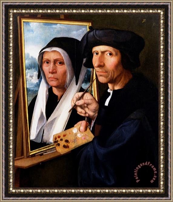 Dirck Jacobsz Jacob Cornelisz. Van Oostsanen Painting a Portrait of His Wife Framed Print