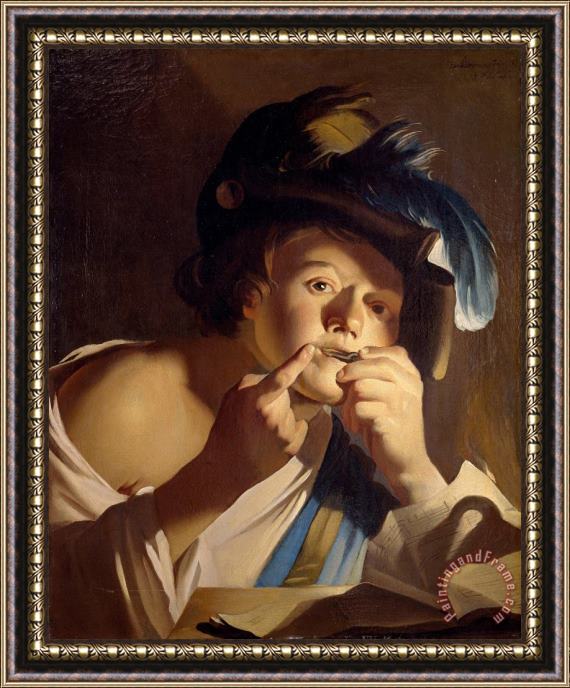 Dirck van Baburen Young Man with Jew's Harp Framed Painting