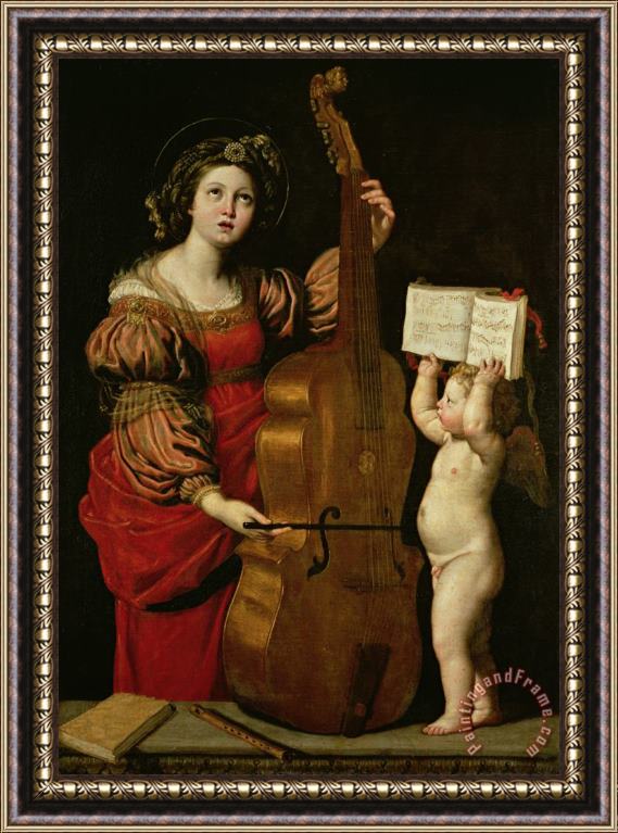 Domenichino St. Cecilia with an angel holding a musical score Framed Painting