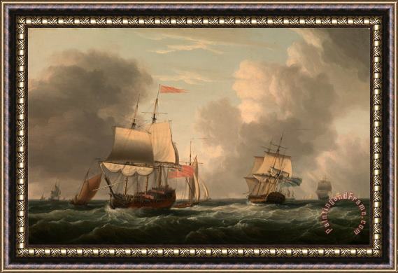Dominic Serres An English Two Decker Lying Hove To, with Other Ships And Vessels in a Fresh Breeze Framed Print
