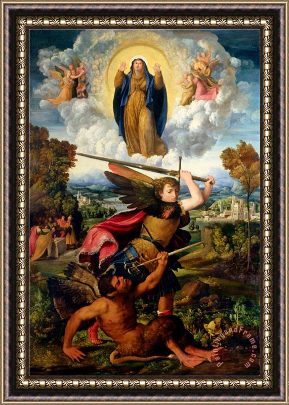 Dosso Dossi Saint Michael with The Devil And Our Lady of The Assumption Between Angels Framed Print