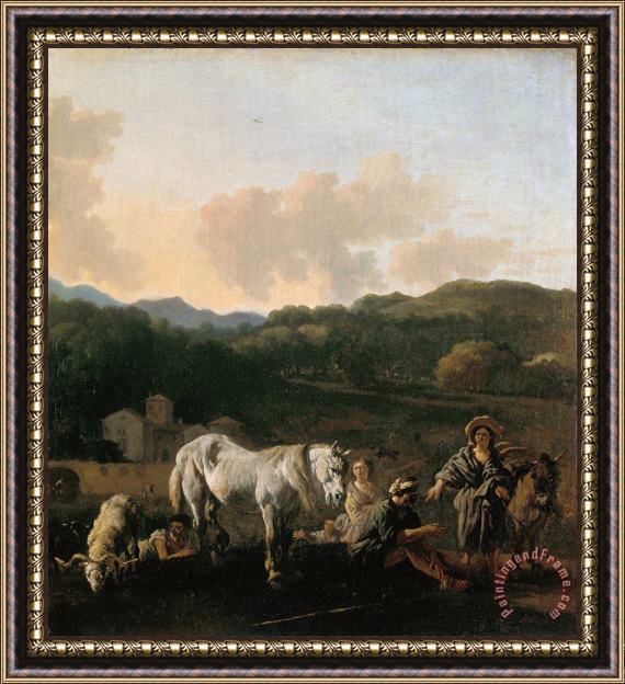 Du Jardin, Karel Peasants And a White Horse Framed Painting