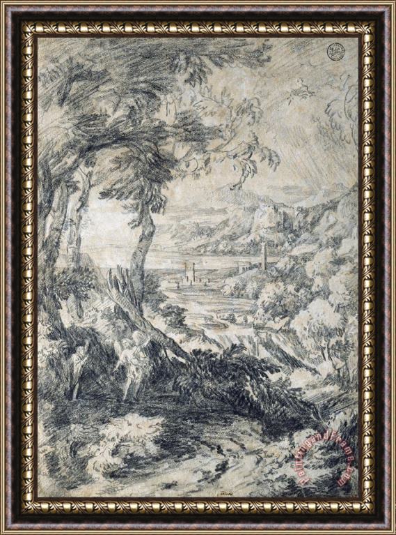 Dughet, Gaspard Landscape with Elijah And The Angel on Mount Horeb Framed Painting