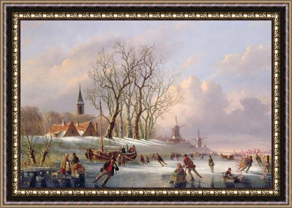 Dutch School Skaters on a Frozen River before Windmills Framed Painting
