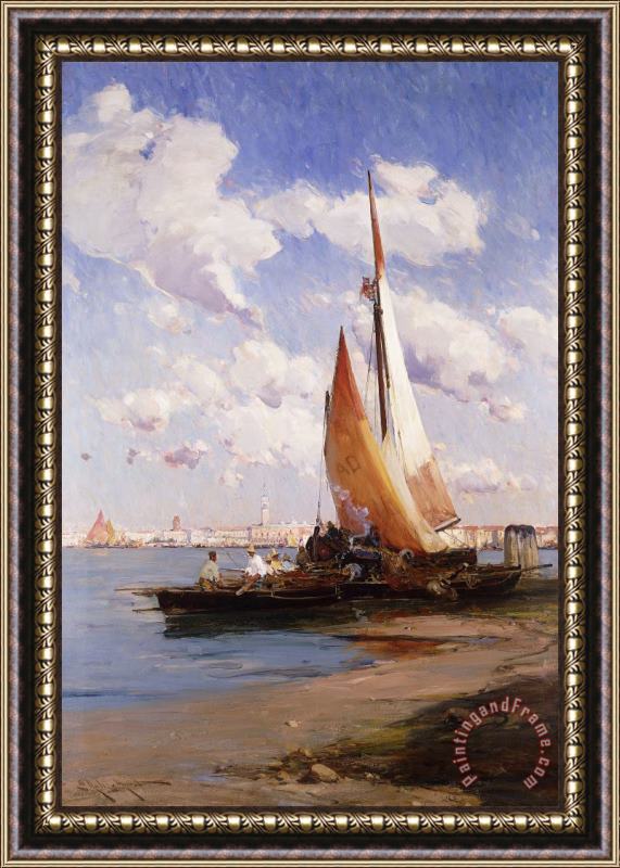 E Aubrey Hunt Fishing Craft With The Rivere Degli Schiavoni Venice Framed Painting