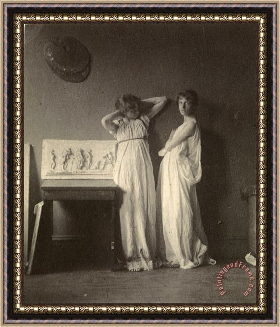 Eadweard J. Muybridge Two Female Models in Classical Costume with Eakins' Sculpture Arcadia Framed Print