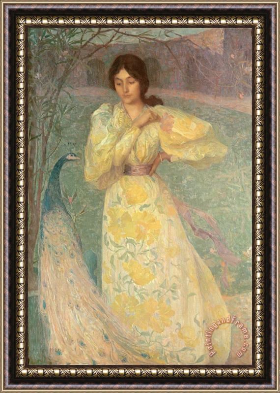 Edmond Francois Aman Jean Young Girl with a Peacock Framed Print
