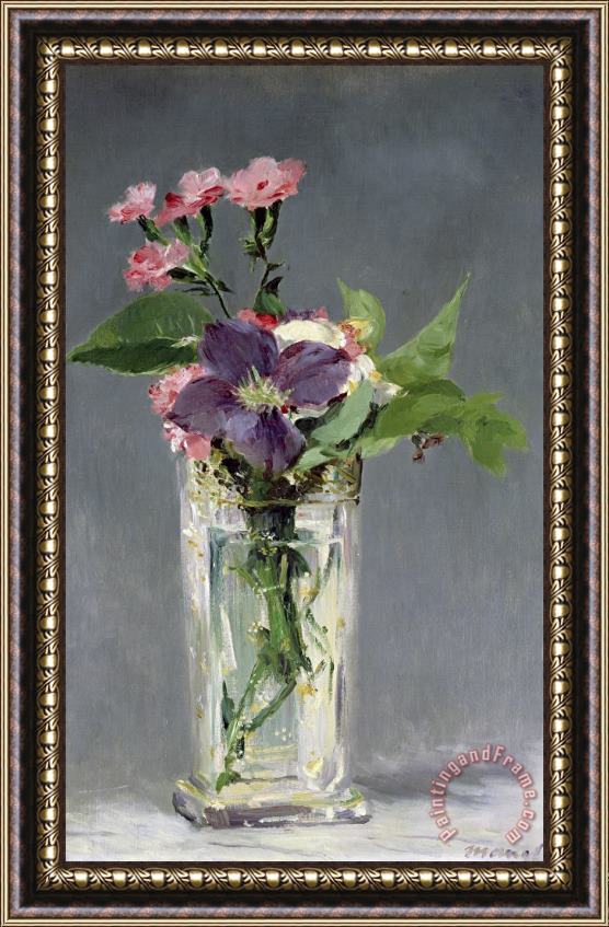 Edouard Manet Pinks And Clematis in a Crystal Vase Framed Painting