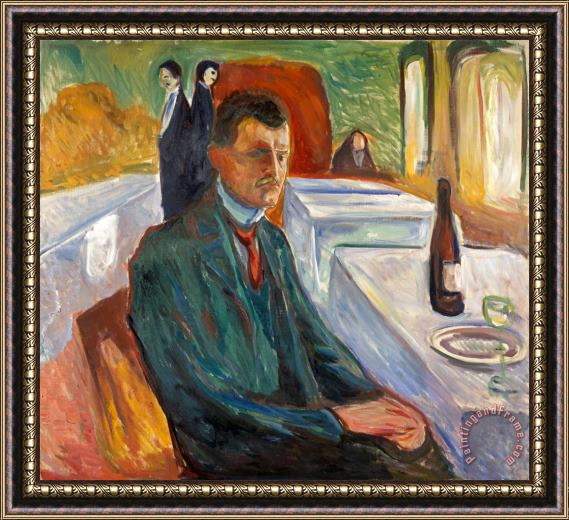 Edvard Munch Self Portrait with a Bottle of Wine Framed Painting