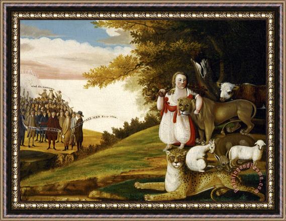 Edward Hicks A Peaceable Kingdom with Quakers Bearing Banners Framed Print