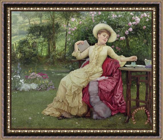 Edward Killingworth Johnson Drinking Coffee And Reading In The Garden Framed Painting