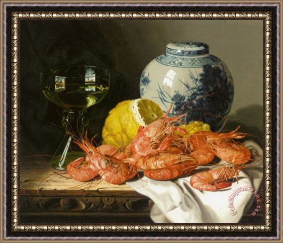 Edward Ladell Still Life with Prawns And a Delft Pot Framed Print