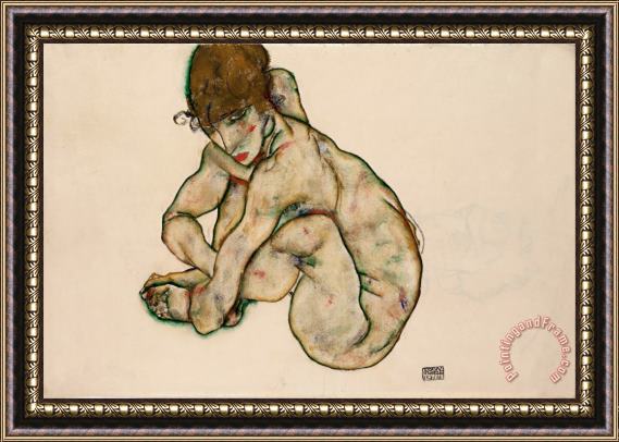 Egon Schiele Crouching Nude Girl Framed Painting