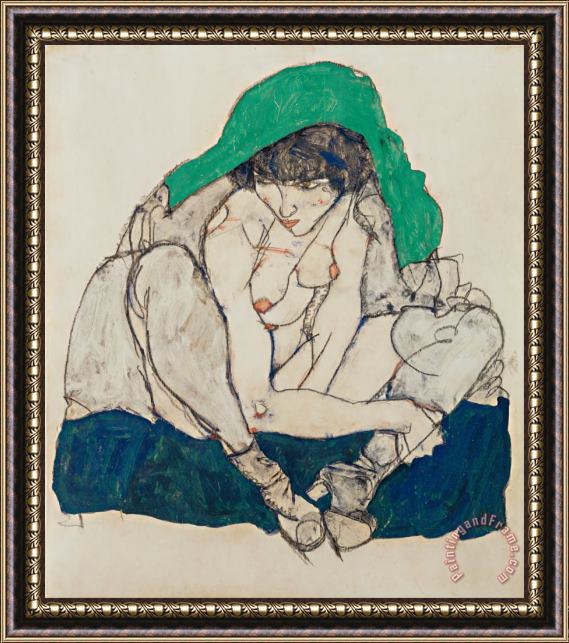 Egon Schiele Crouching Woman with Green Headscarf Framed Painting