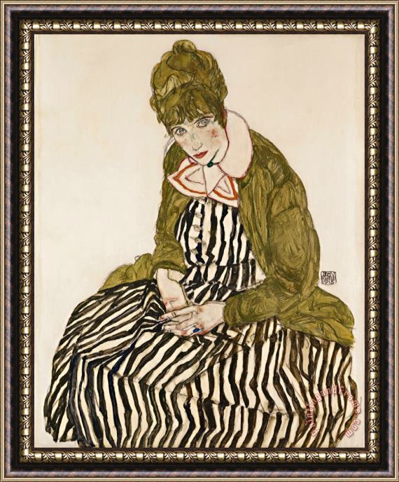 Egon Schiele Edith with Striped Dress, Sitting Framed Painting