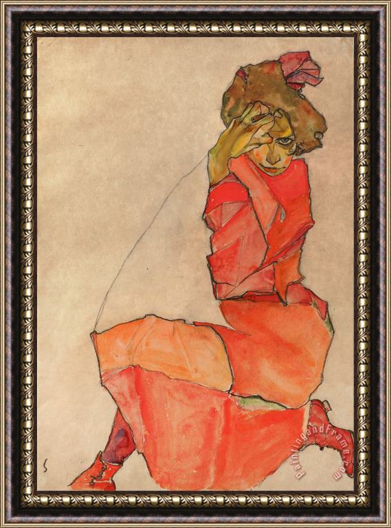 Egon Schiele Kneeling Female in Orange Red Dress Framed Painting