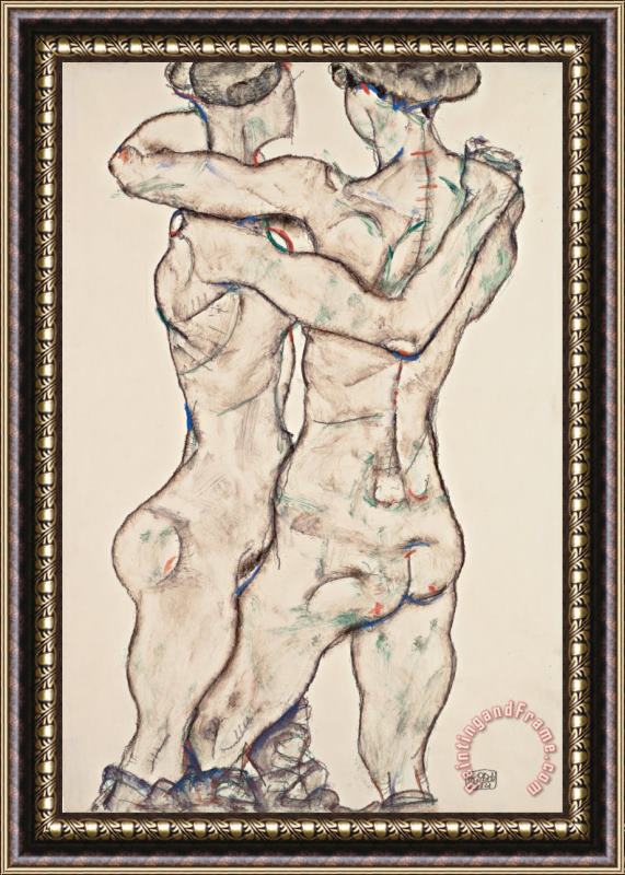 Egon Schiele Naked Girls Embracing Framed Painting
