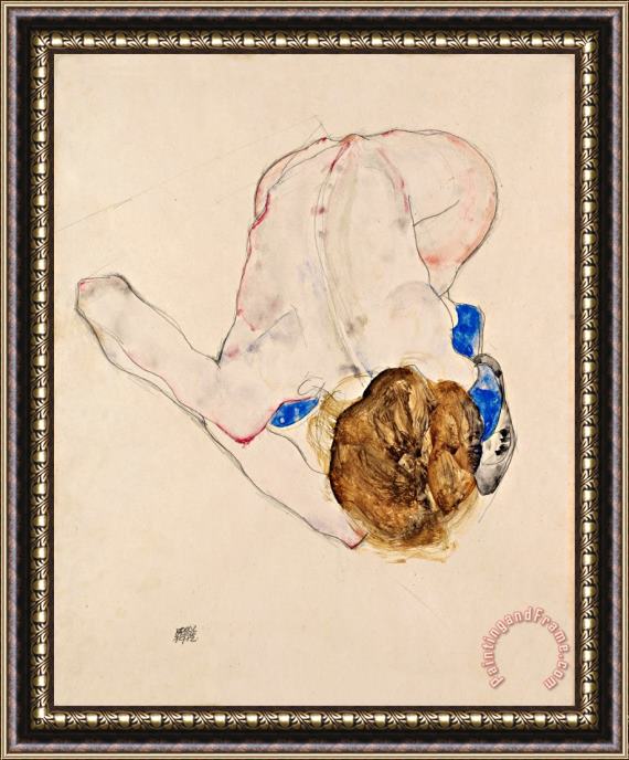 Egon Schiele Nude with Blue Stockings, Bending Forward Framed Painting