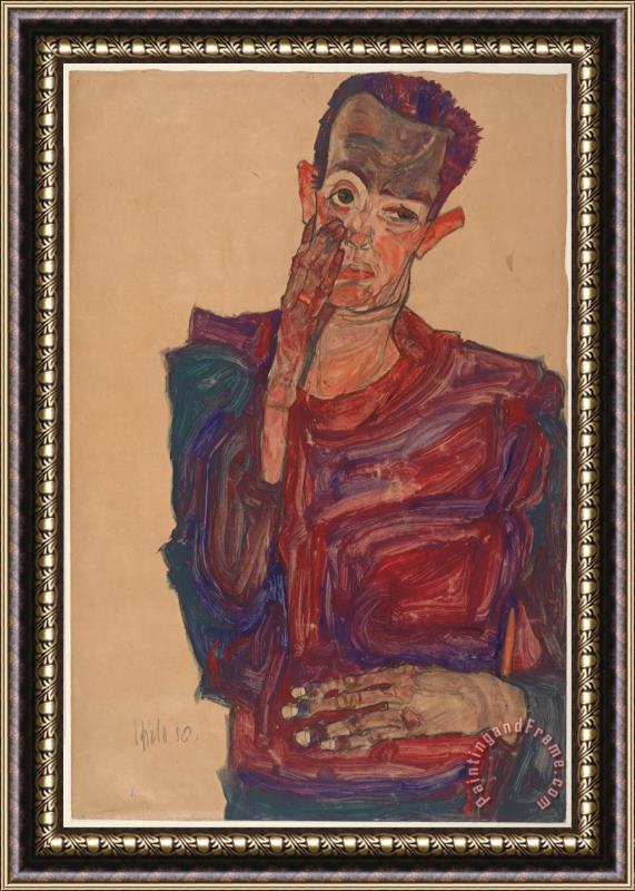 Egon Schiele Self Portrait with Eyelid Pulled Down, 1910 Framed Painting