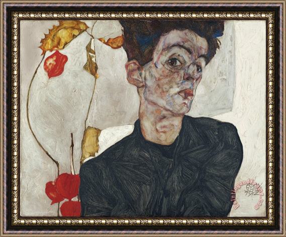 Egon Schiele Self Portrait with Physalis Framed Painting