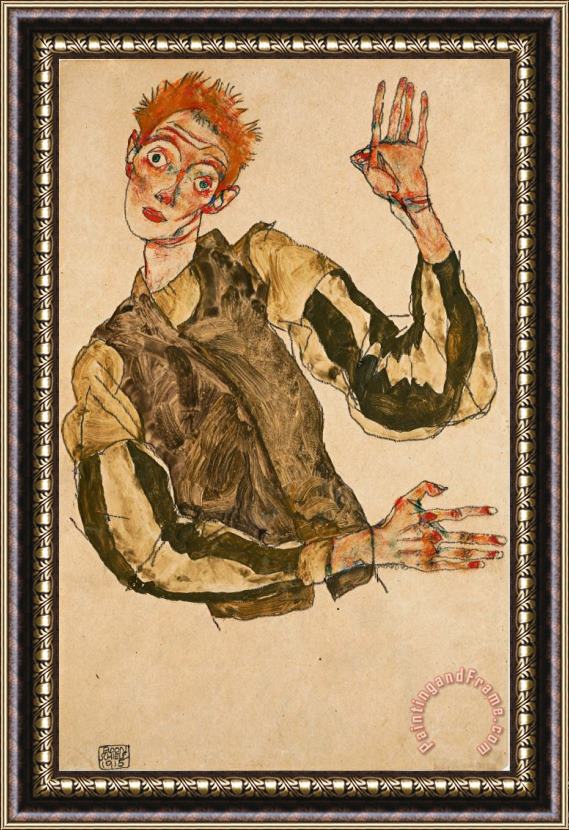 Egon Schiele Self Portrait with Striped Armlets Framed Painting
