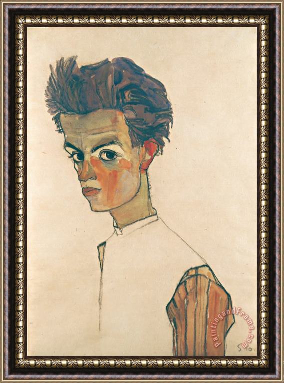 Egon Schiele Self Portrait with Striped Shirt Framed Painting