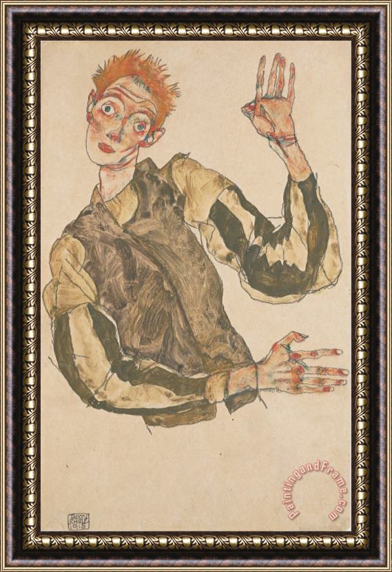 Egon Schiele Self Portrait with Striped Sleeves Framed Painting