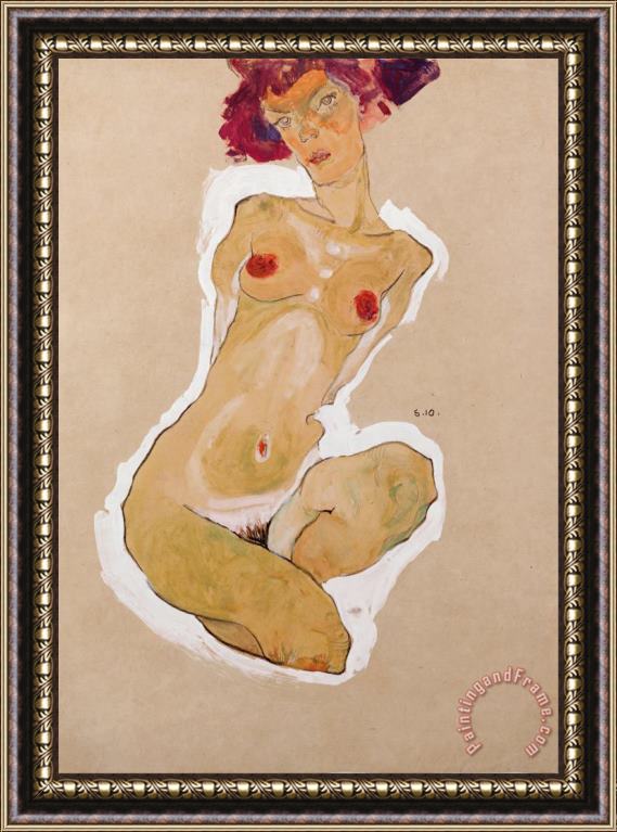 Egon Schiele Squatting Female Nude Framed Print