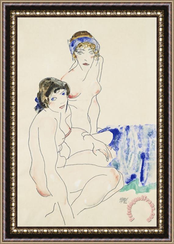 Egon Schiele Two Female Nudes by The Water Framed Painting