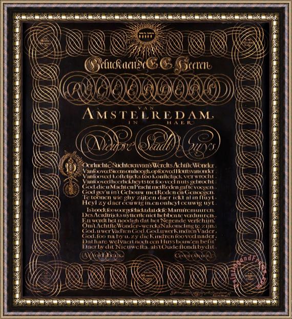 Elias Noski Engraved Poem by C. Huygens 'geluck Aen De E.e. Heeren Regeerders Van Amstelredam...' Framed Painting