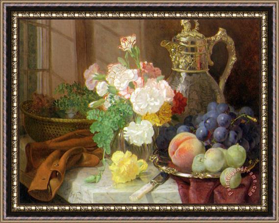 Eloise Harriet Stannard Carnations in a Glass Vase on a Draped Marble Ledge Framed Painting