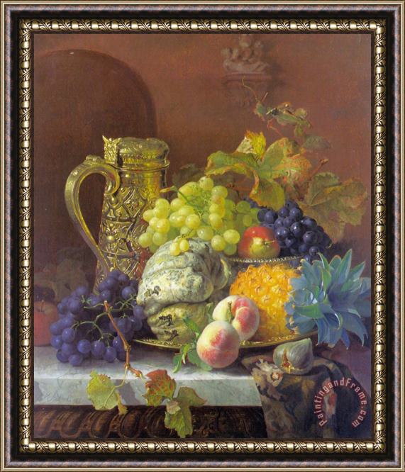 Eloise Harriet Stannard Fruits on a Tray with a Silver Flagon on a Marble Ledge Framed Print