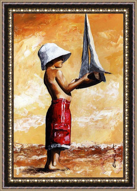 Emerico Toth Little boy in the beach Framed Painting