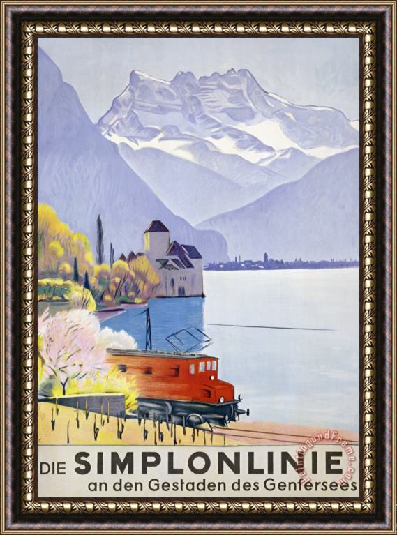 Emil Cardinaux Poster Advertising Rail Travel Around Lake Geneva Framed Painting
