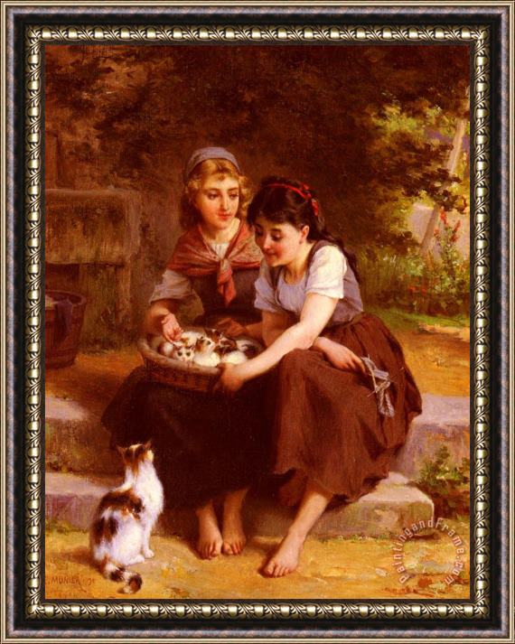 Emile Munier Two Girls with a Basket of Kittens Framed Print