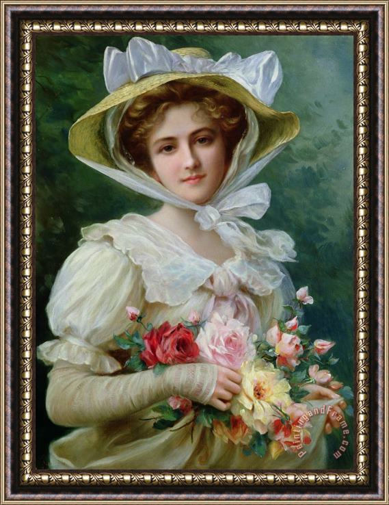Emile Vernon Elegant lady with a bouquet of roses Framed Print