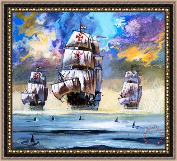 English School Christopher Columbus's Fleet Framed Painting