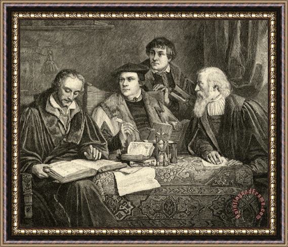 English School Luther Melancthon Pomeranus And Cruciger Translating Framed Print