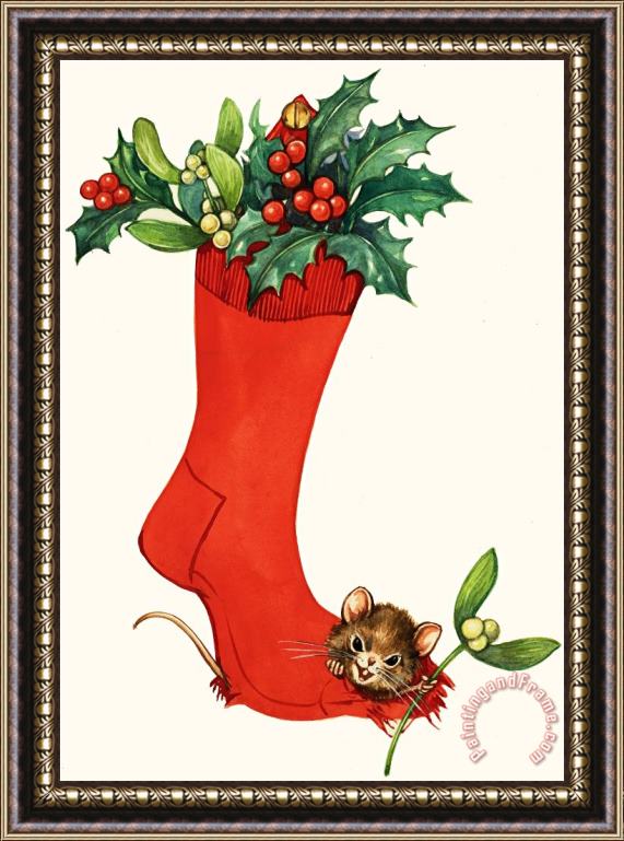 English School Mouse In A Christmas Sock Framed Painting