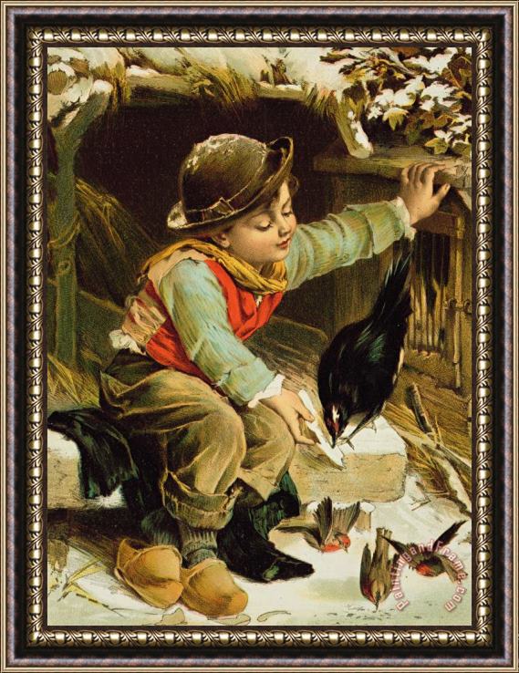 English School Young Boy With Birds In The Snow Framed Painting