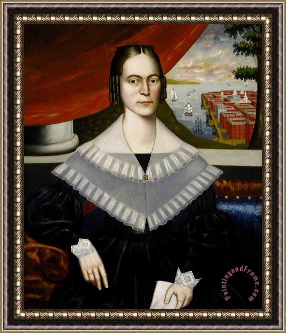 Erastus Salisbury Field Portrait of a Woman Said to Be Clarissa Gallond Cook, in Front of a Cityscape Framed Painting