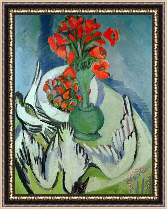 Ernst Ludwig Kirchner Still Life With Seagulls Poppies And Strawberries Framed Painting